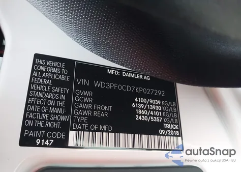 2019 Mercedes-Benz Sprinter 2500 Standard Roof V6 from USA, damaged, VIN WD3PF0CD7KP027292